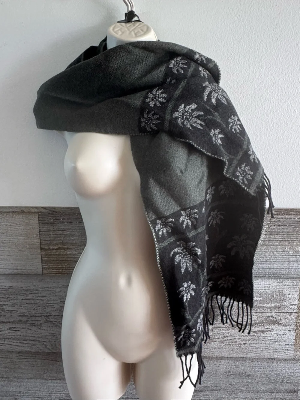 Vintage Austrian Wool Floral Scarf Loden-Plankl Wien Gray and black Fringe